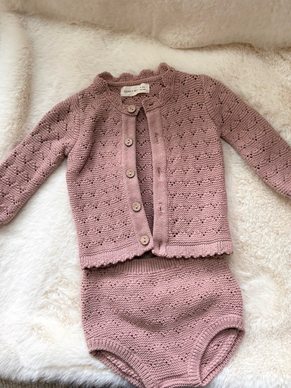 Quincy Mae Scalloped Cardigan and Bloomer Sweater Set 0-3 mos